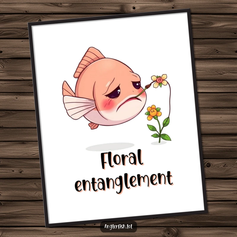 Funny digital art print of a confused anglerfish with its lure tangled in a tiny flower, ready for immediate download.