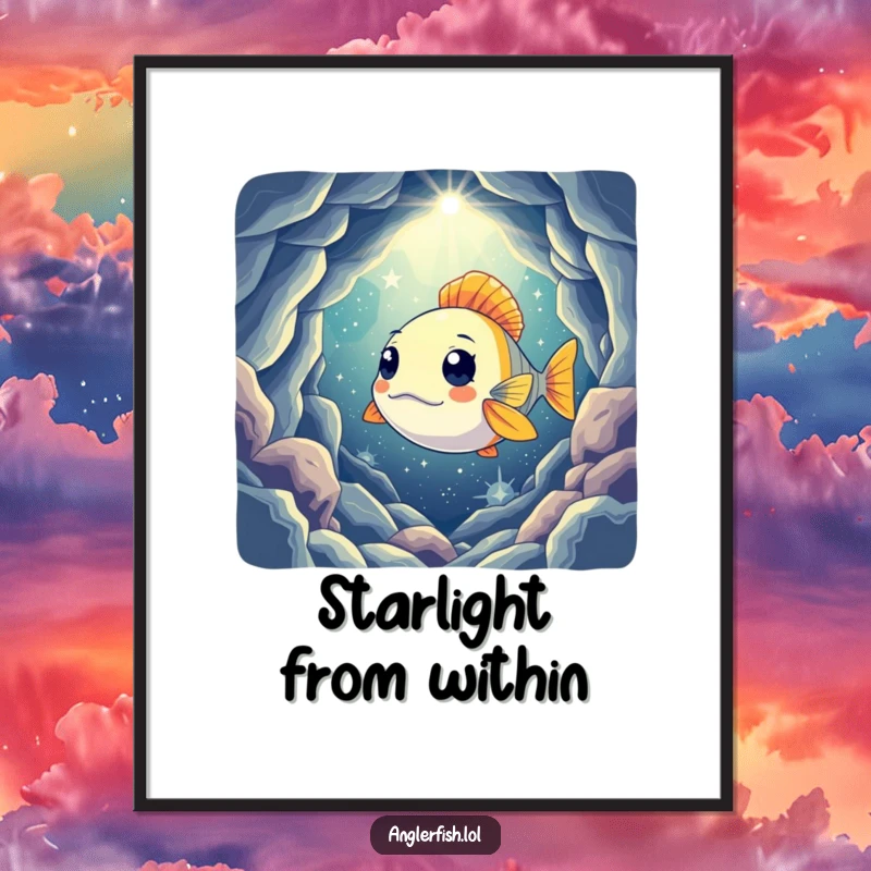 Funny digital art print of a curious anglerfish shining its light into a mysterious, star-filled cavern, ready for immediate download.