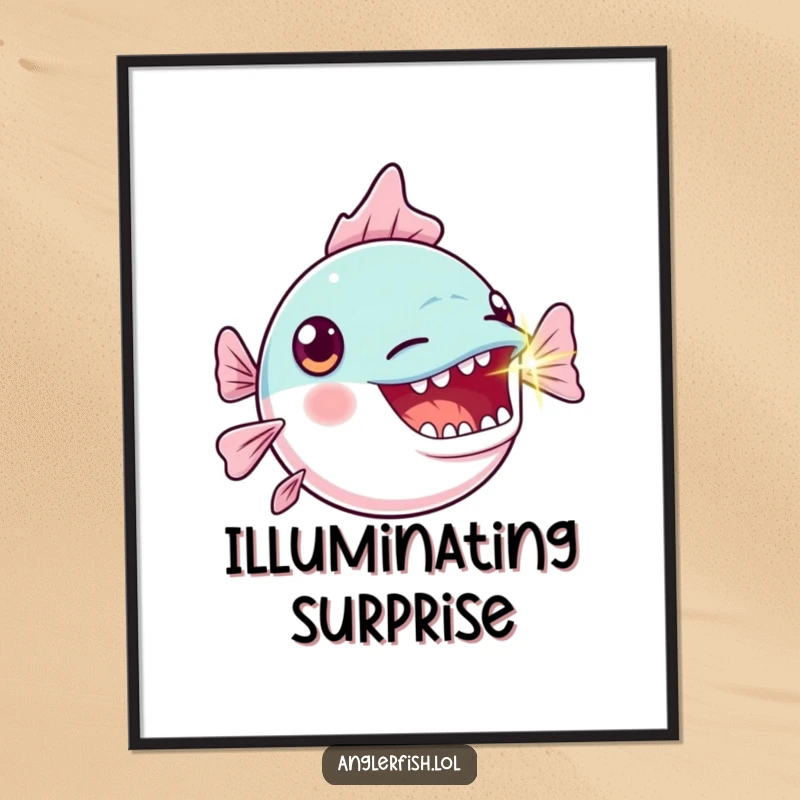 Funny Kawaii Anglerfish Digital Art Print: High-resolution image of a cute anglerfish with an exaggerated gasp and a brightly blinking lure.