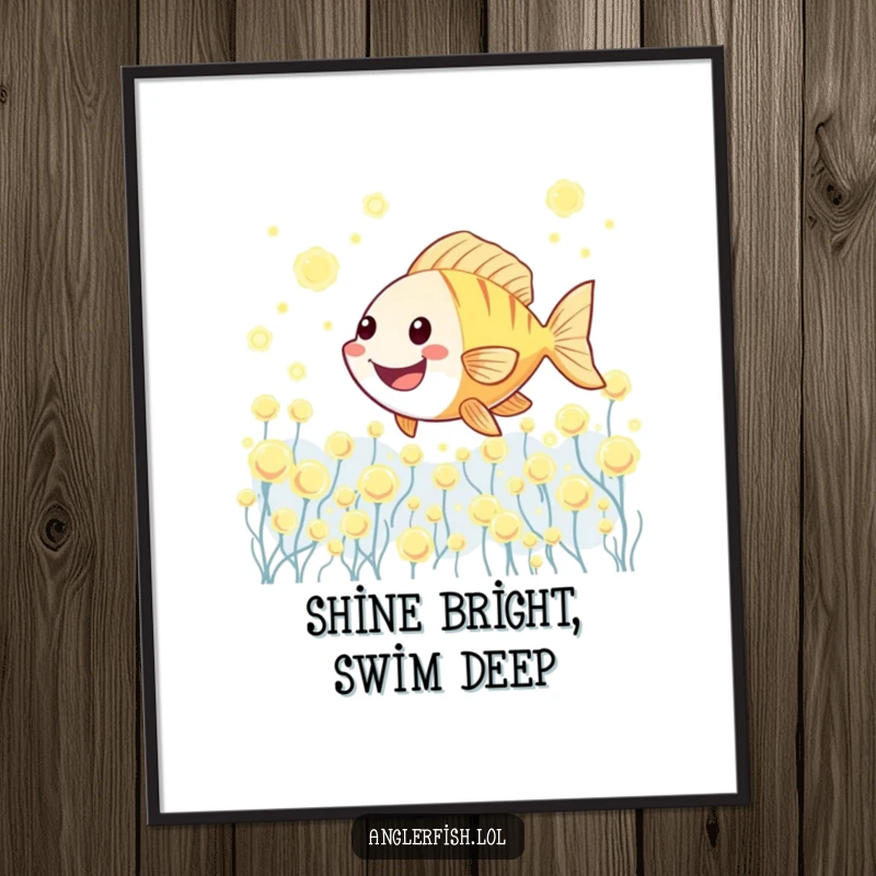 Funny Kawaii anglerfish digital art print of a cute anglerfish joyfully swimming through a field of glowing plankton.