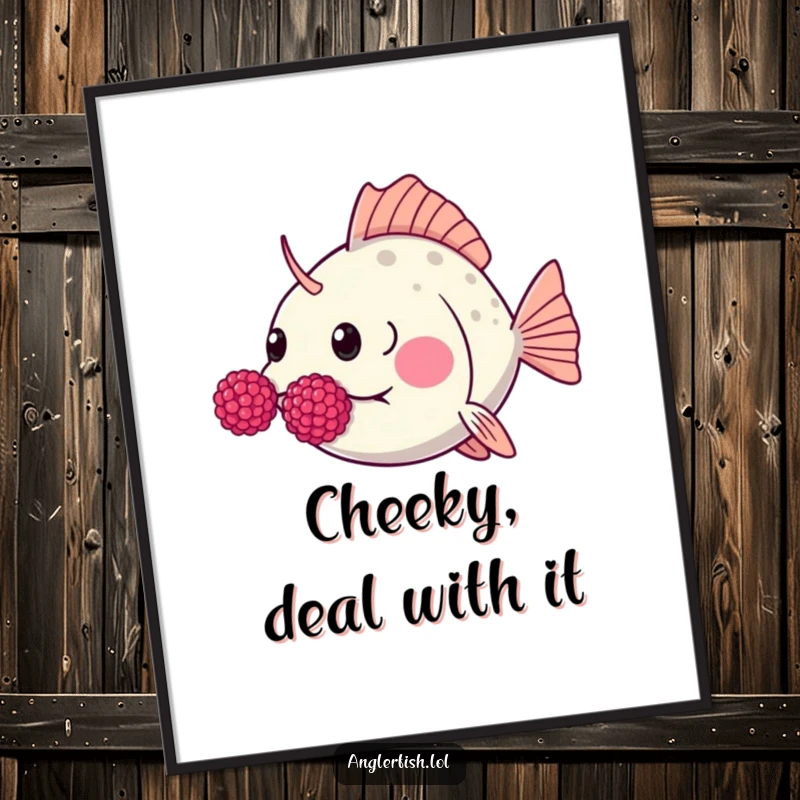 Funny Kawaii anglerfish digital art print of a cute anglerfish humorously blowing raspberries with puffed cheeks.