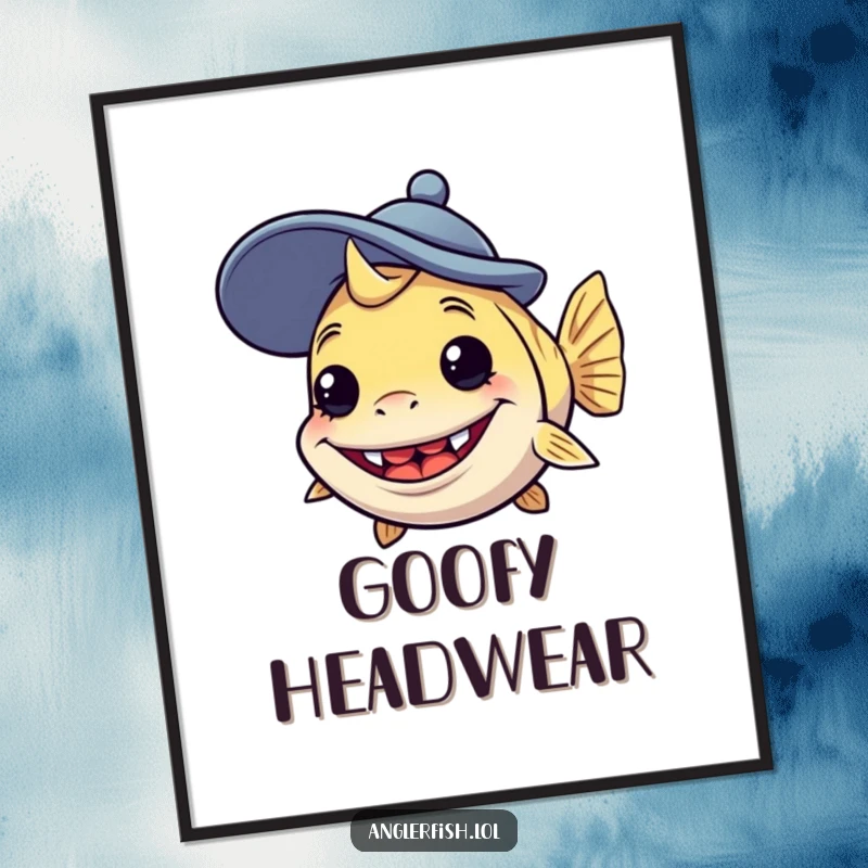 Funny anglerfish digital art print of a creature with a silly grin wearing a comically large, goofy hat, perfect for humorous wall art.