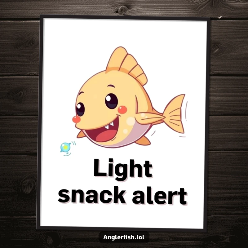 Funny Anglerfish Digital Art Print of an anglerfish character excitedly chasing a tiny, sparkling plankton, perfect for vibrant, humorous decor.