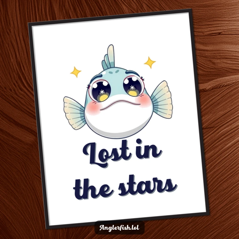 Funny Anglerfish Digital Art: A captivating artwork of an anglerfish with large, starry eyes, looking upwards in awe.