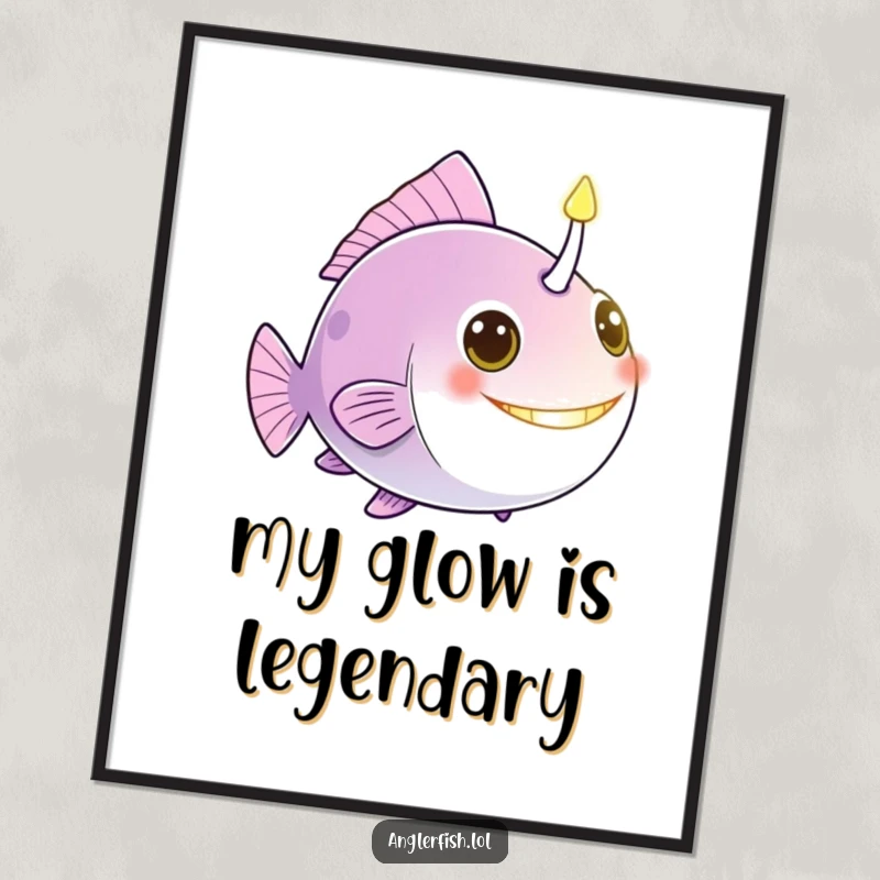 Funny anglerfish digital art print featuring a glowing bioluminescent lure, a friendly beacon of humor and underwater charm.