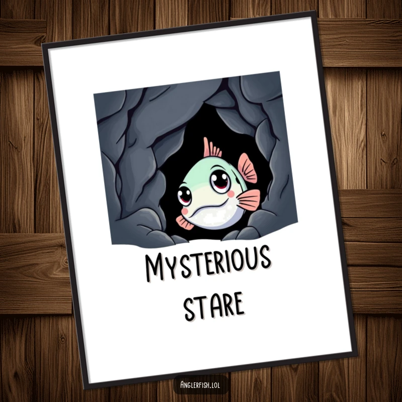Funny anglerfish digital art print showing a curious creature peeking from a dark cave, offering a blend of mystery and humor for home decor.