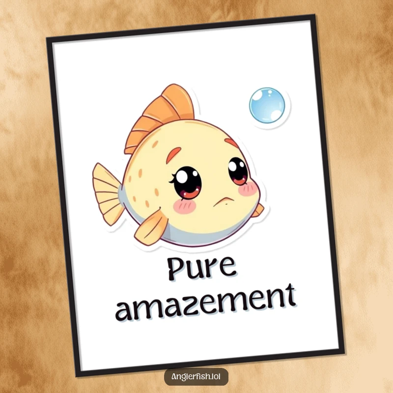 Funny Kawaii Anglerfish Digital Art Print: High-resolution image of a cute anglerfish looking amazed at a small floating bubble.