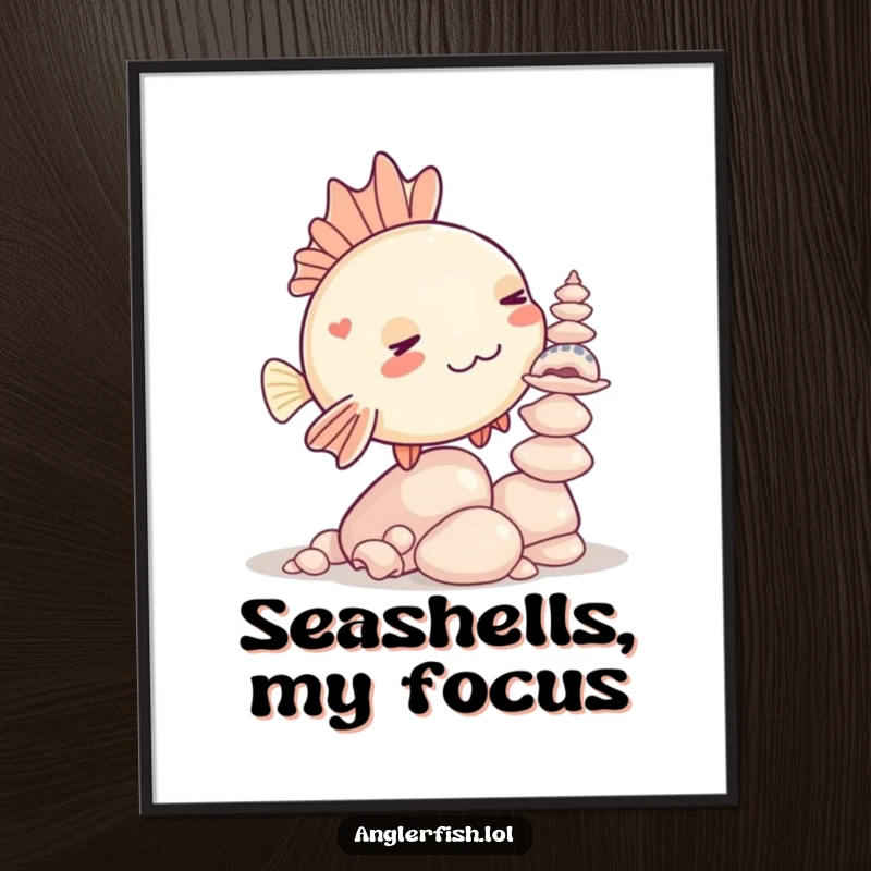 Funny Kawaii anglerfish digital art print of a cute anglerfish humorously attempting to balance seashells.