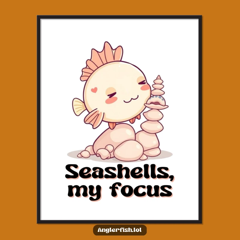 Funny Kawaii Anglerfish Seashell Balancing Digital Art, Whimsical Humorous Decor Gift