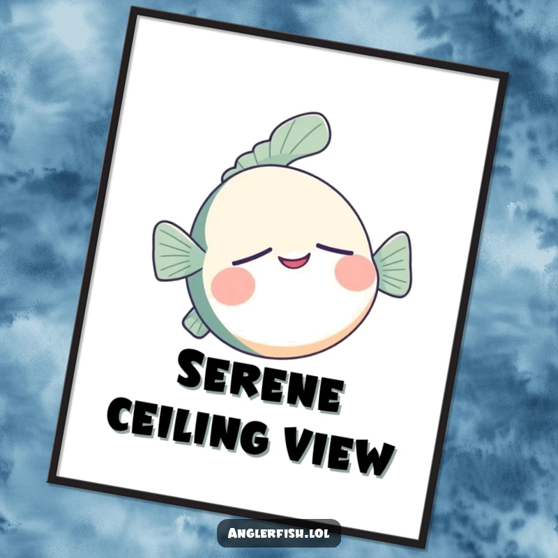 Funny anglerfish digital art print of a sleepy anglerfish floating upside down with a contented smile, perfect for calm decor.