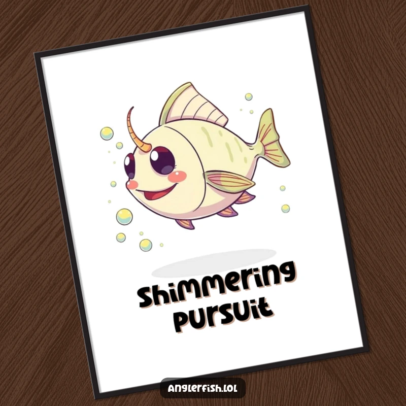 Funny Kawaii Anglerfish Digital Art Print: High-resolution image of a cute anglerfish joyfully chasing a stream of shimmering plankton.