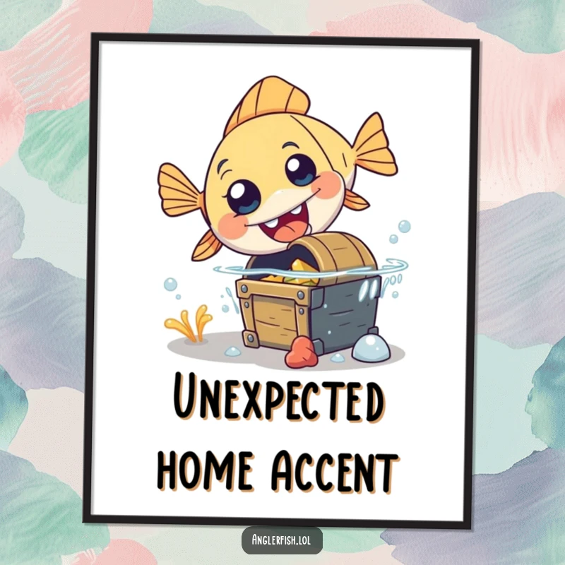 Funny anglerfish digital art print of a surprised, clumsy anglerfish tripping over treasure, perfect for instant decor.