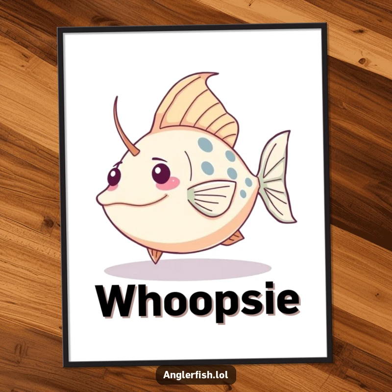 Funny Kawaii anglerfish digital art print of a cute fish comically tripping over its tail, instant download.