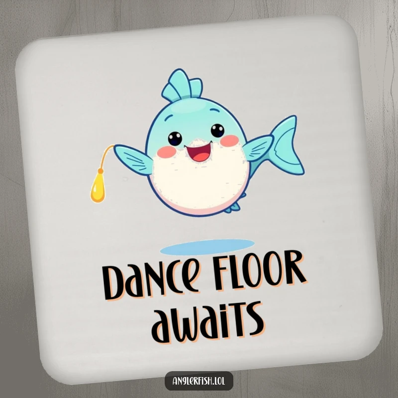 Funny kawaii anglerfish coaster, doing a happy dance with its glowing lure, a functional and funny gift for tabletops.