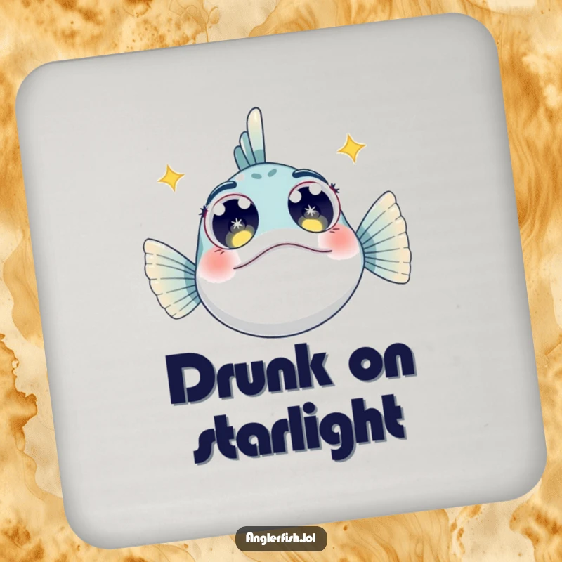 Funny Anglerfish Coaster: A coaster featuring an anglerfish with large, starry eyes, looking upwards with wonder.