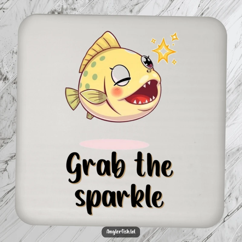 Funny anglerfish coaster showing a determined anglerfish trying to catch a small sparkle with its jaws.