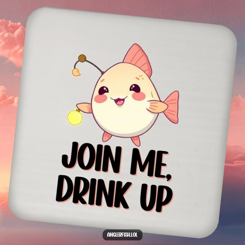 Funny anglerfish drink coaster with a playful dangling light, humorously beckoning closer for a refreshing drink.