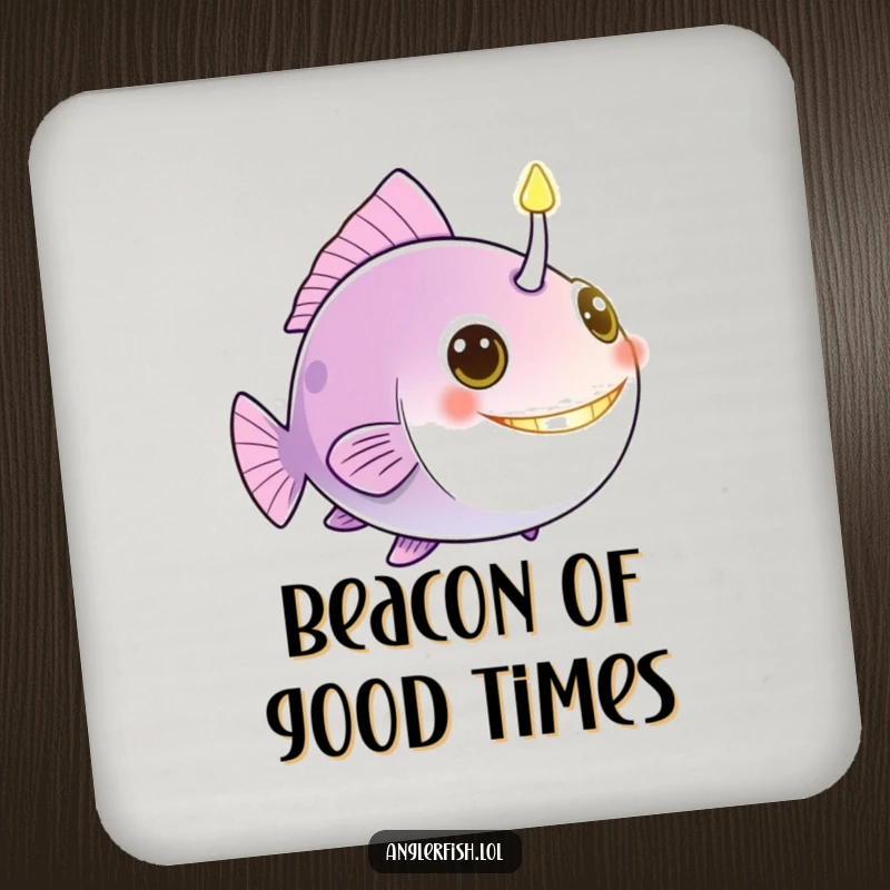 Funny anglerfish drink coaster with a glowing bioluminescent lure, a beacon of protection and deep-sea humor.