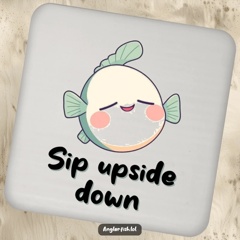 Funny anglerfish drink coaster with a sleepy anglerfish floating upside down with a contented smile, protecting surfaces humorously.