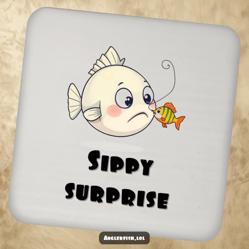 Funny anglerfish drink coaster depicting a surprised creature as a tiny fish playfully nibbles its lure, offering humorous protection.