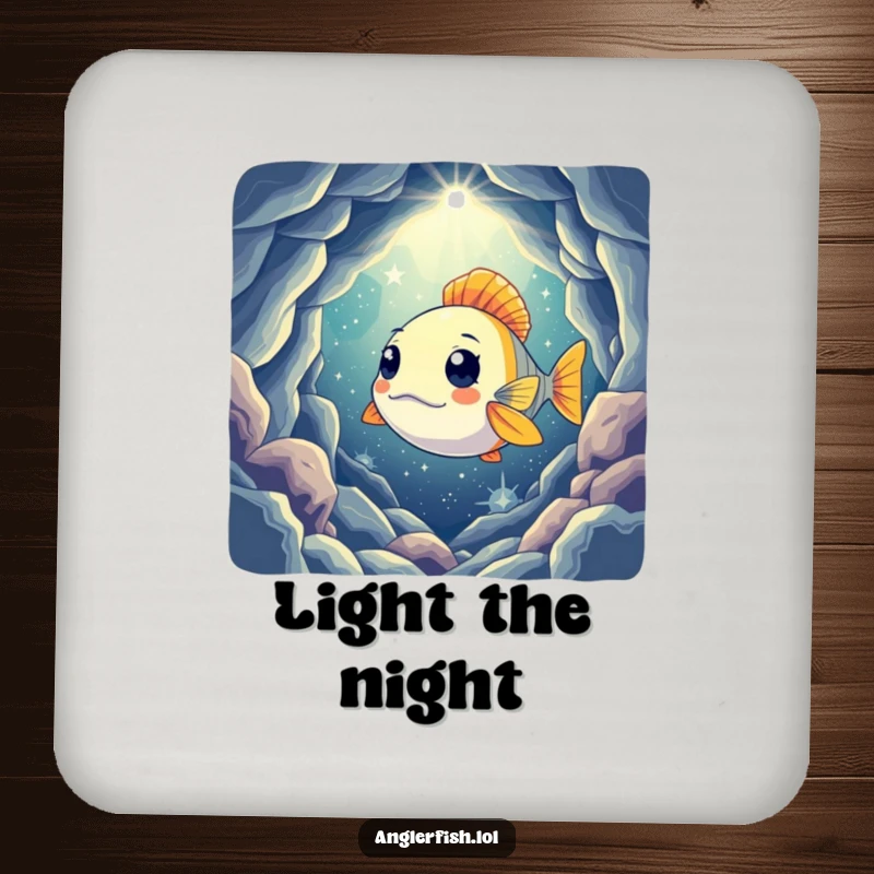 Funny drink coaster with a curious anglerfish shining its light into a mysterious, star-filled cavern, protecting surfaces with humor.