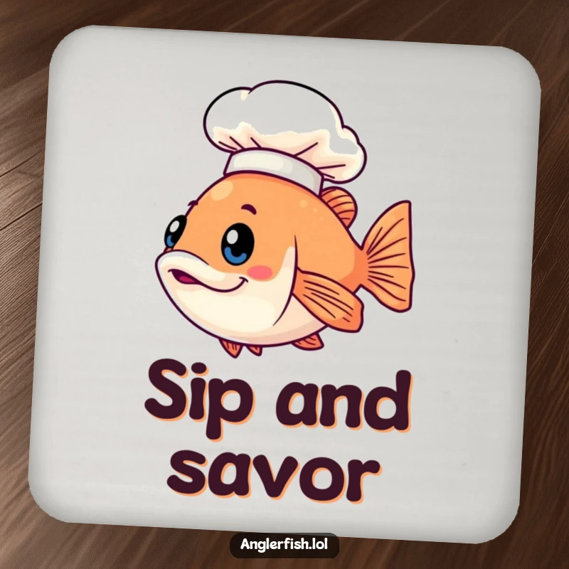 Funny Kawaii anglerfish coaster with a cute fish wearing a small illuminated chef hat, protecting furniture.