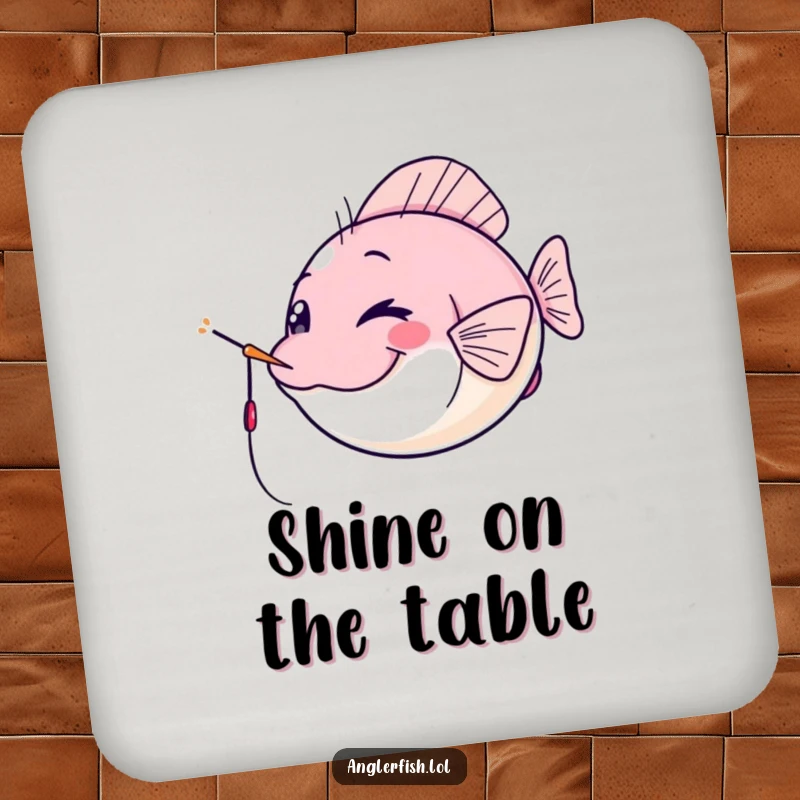 Funny kawaii anglerfish coaster, winking cheekily with its lure as a spotlight, a functional and funny gift for tabletops.