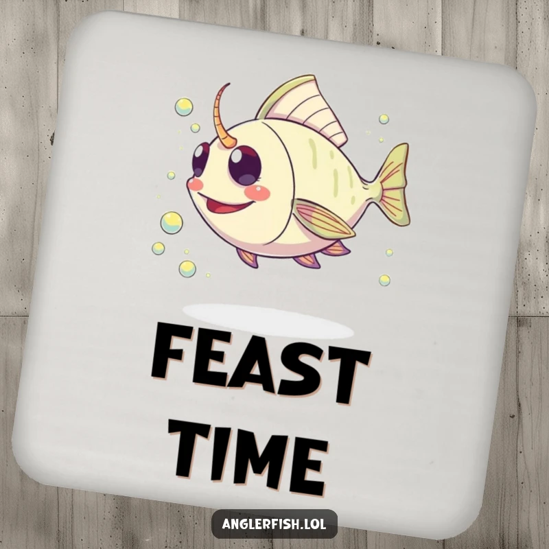 Funny Kawaii Anglerfish Coaster: Protective coaster featuring a cute anglerfish joyfully chasing a stream of shimmering plankton.