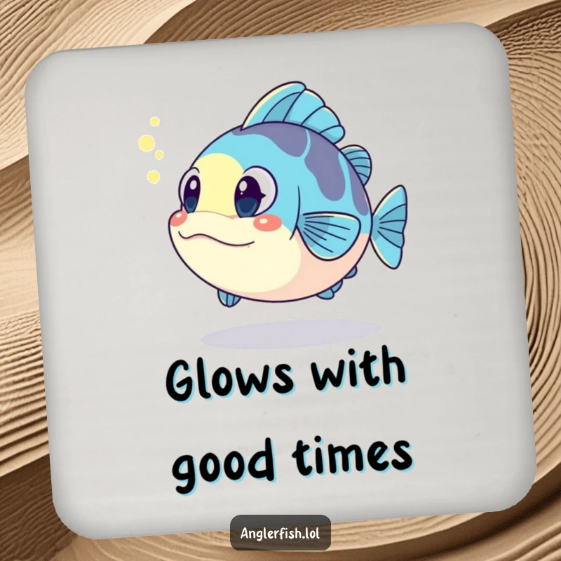 Funny kawaii anglerfish coaster, surprised by its glowing reflection, a functional and funny gift for tabletops.