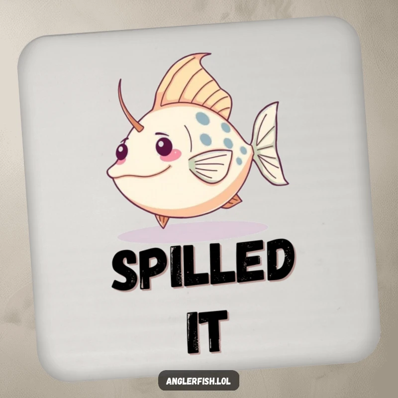 Funny Kawaii anglerfish coaster showing a cute fish comically tripping over its tail, protecting furniture.