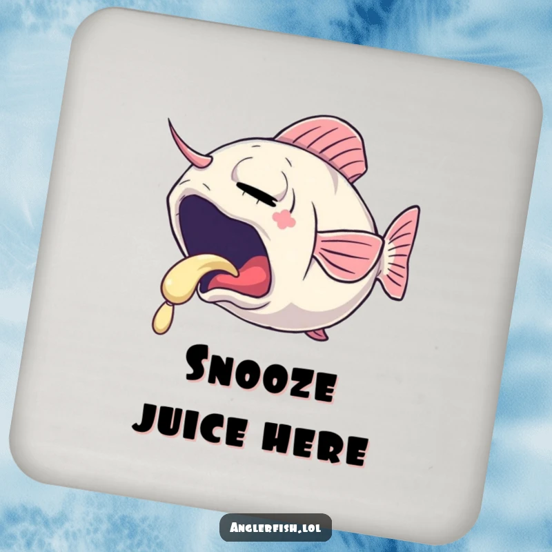Funny drink coaster depicting a sleepy anglerfish yawning, its lure emitting a gentle, soft glow, adding calm protection.