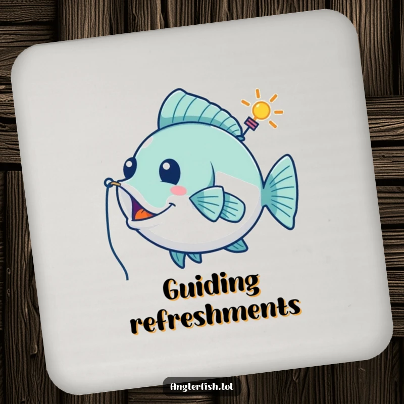 Funny drink coaster depicting a playful anglerfish using its lure as a whimsical guiding beacon, adding whimsical protection.