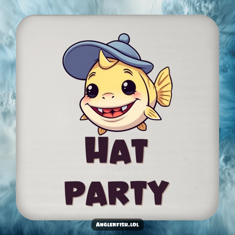 Funny anglerfish drink coaster depicting a creature with a silly grin wearing a comically large, goofy hat, offering humorous protection.