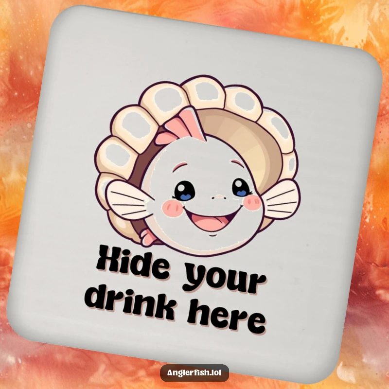 Funny anglerfish coaster featuring a smiling creature playfully peeking from behind a seashell. Humorous and protective table accessory, perfect funny gift.