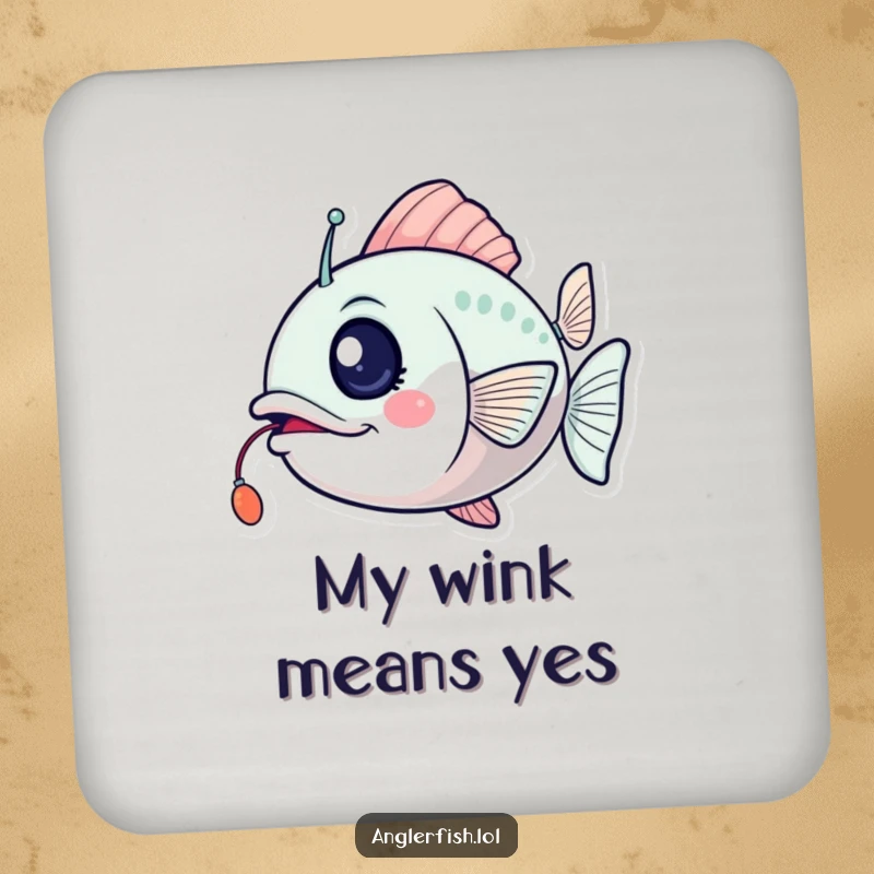 Funny anglerfish drink coaster with a wink and a flickering lure, adding humorous excitement and protection.