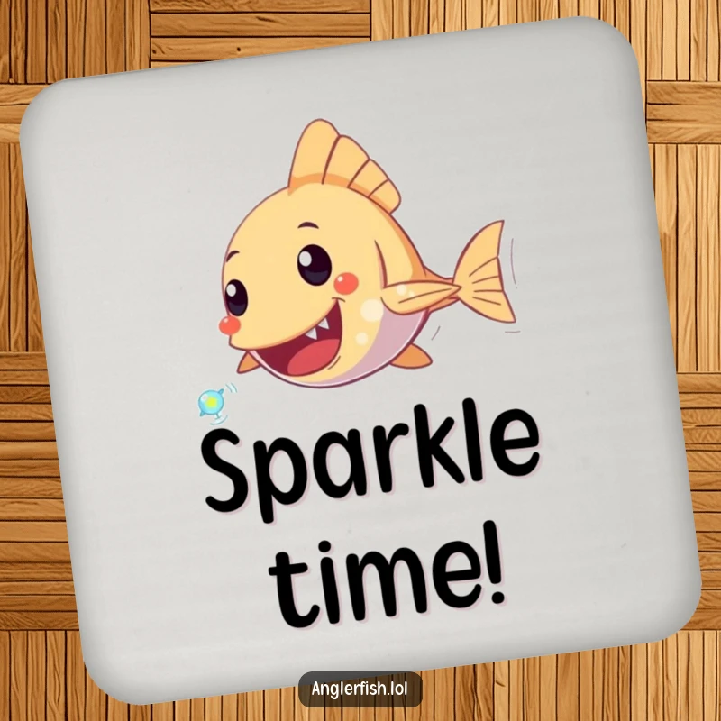 Funny Anglerfish Coaster showing an anglerfish character excitedly chasing a tiny, sparkling plankton, perfect for protecting surfaces with humor.