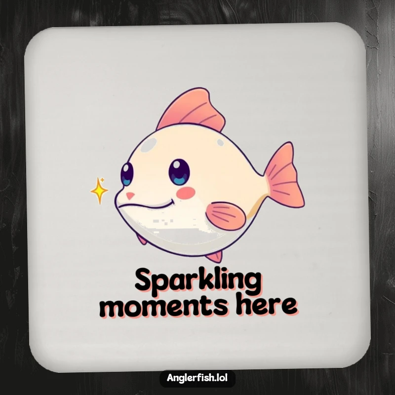 Funny kawaii anglerfish coaster, playfully chasing a tiny shimmering spark, a functional and funny gift for tabletops.