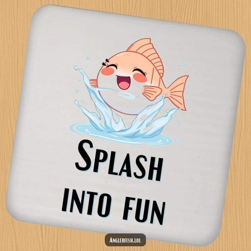 Funny tiny anglerfish drink coaster joyfully splashing water, protecting surfaces humorously.