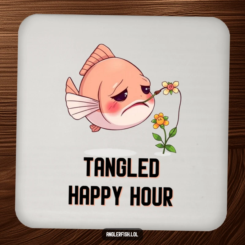 Funny drink coaster featuring a confused anglerfish with its lure tangled in a tiny flower, adding humor to drink service.
