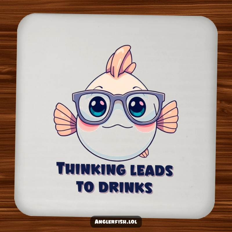 Funny anglerfish with scholarly glasses, looking pensive, on a decorative drink coaster, for table protection.