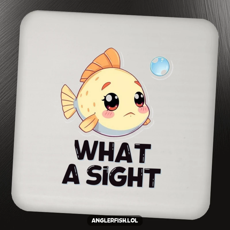 Funny Kawaii Anglerfish Coaster: Protective coaster featuring a cute anglerfish with an amazed expression at a tiny bubble.