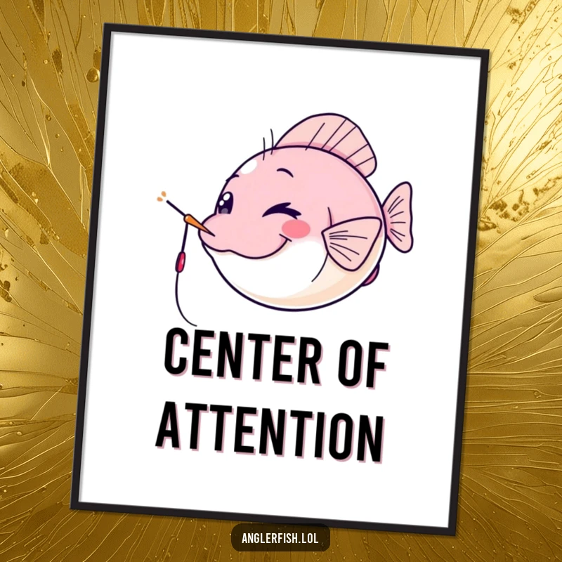 Funny kawaii anglerfish poster, winking cheekily with its lure as a spotlight, humorous and funny art for your walls.
