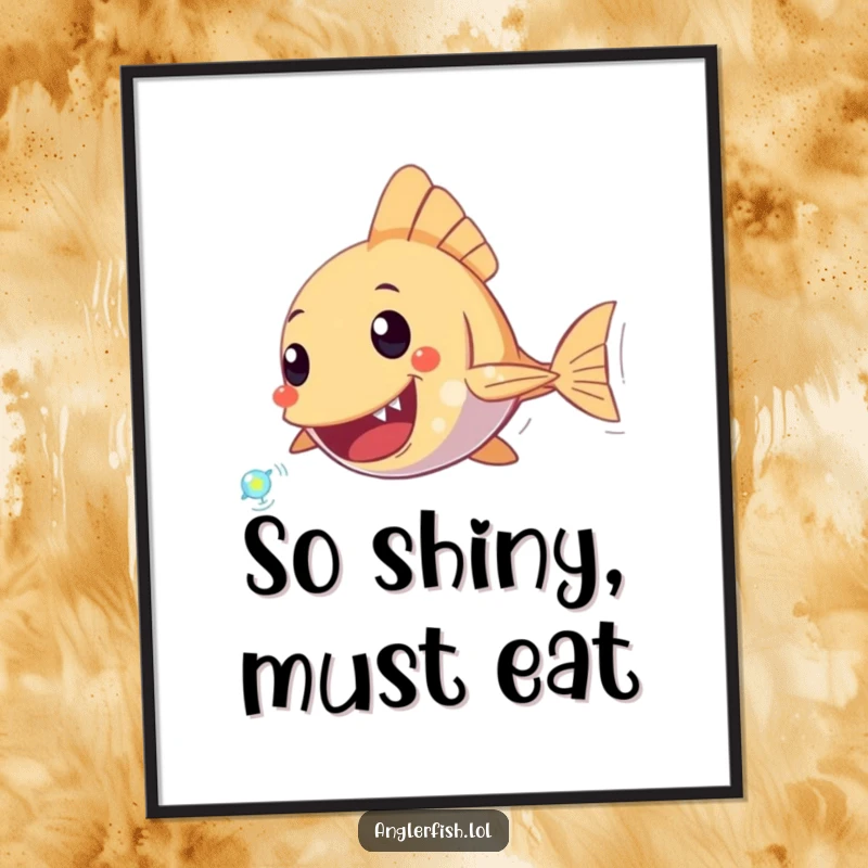 Funny Anglerfish Poster illustrating an anglerfish character excitedly chasing a tiny, sparkling plankton, adding underwater excitement to decor.