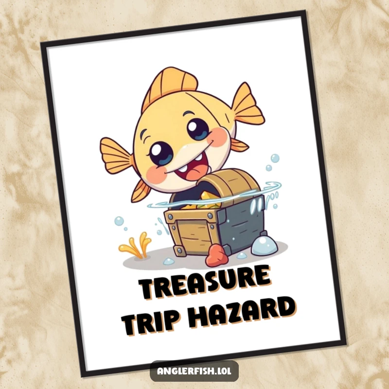 Funny anglerfish poster of a surprised, clumsy anglerfish tripping over a treasure chest, ideal for humorous decor.