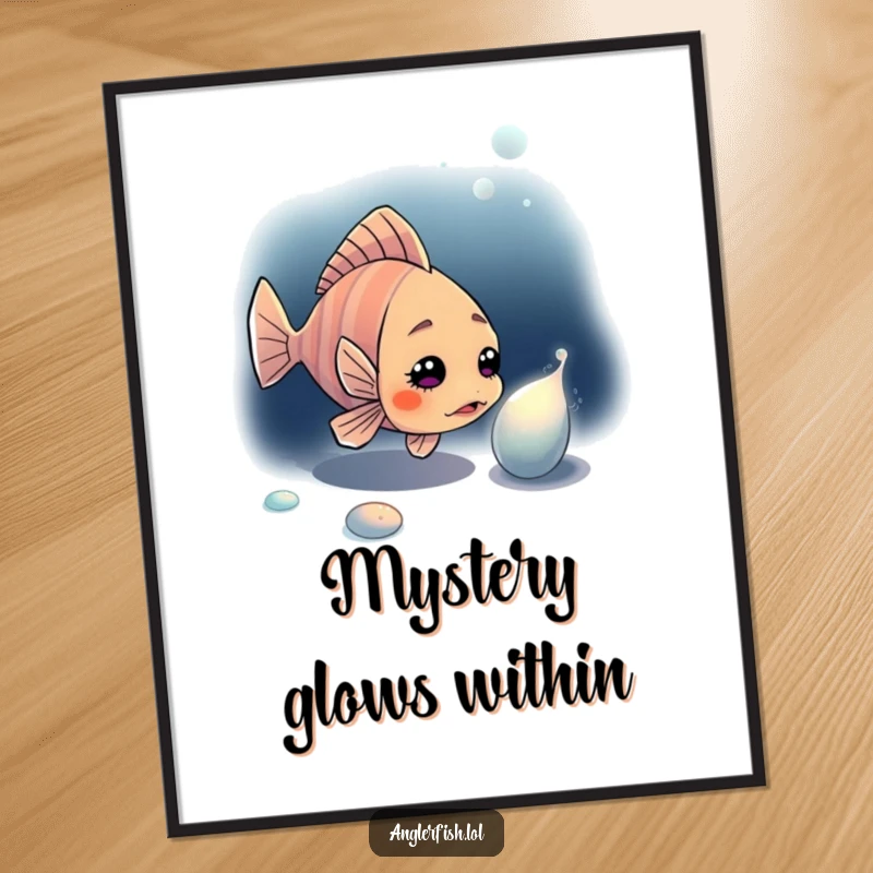 Funny anglerfish poster illustrating a curious anglerfish exploring a luminescent object in the vast, dark ocean.