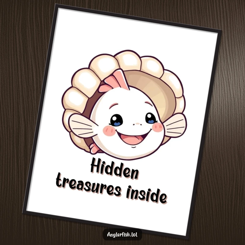 Funny anglerfish poster of a smiling creature playfully peeking from behind a seashell. Humorous and cute ocean-themed wall art, perfect funny gift.