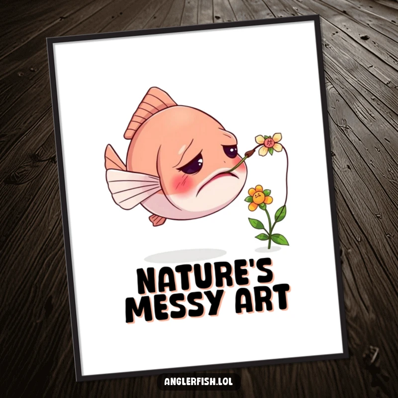 Funny poster of a confused anglerfish looking at its lure tangled with a tiny flower, bringing whimsical humor to wall art.