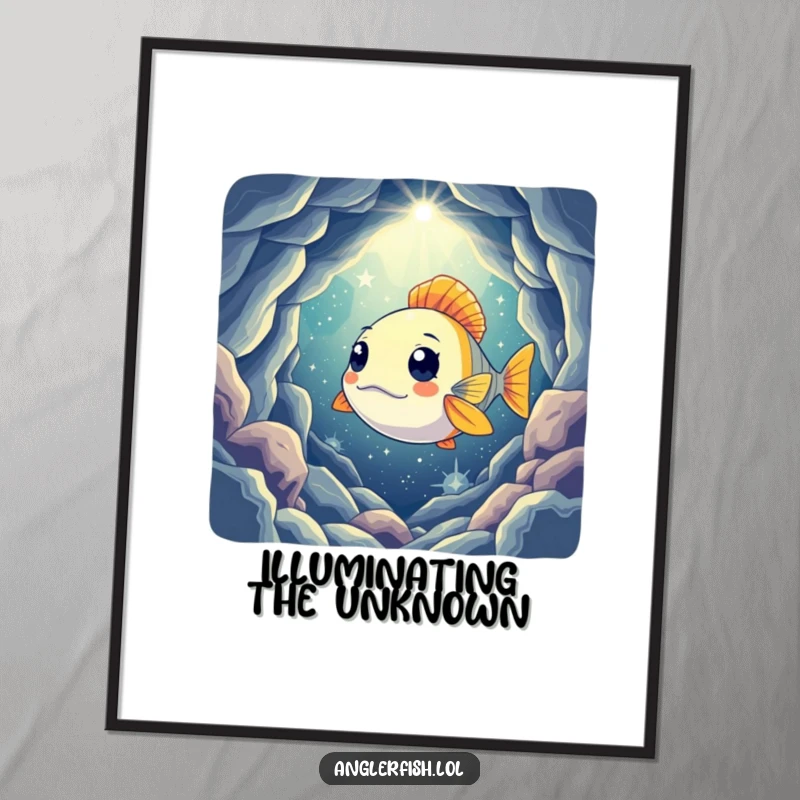 Funny poster of a curious anglerfish shining its light into a mysterious, star-filled cavern, perfect wall art for a humorous touch.