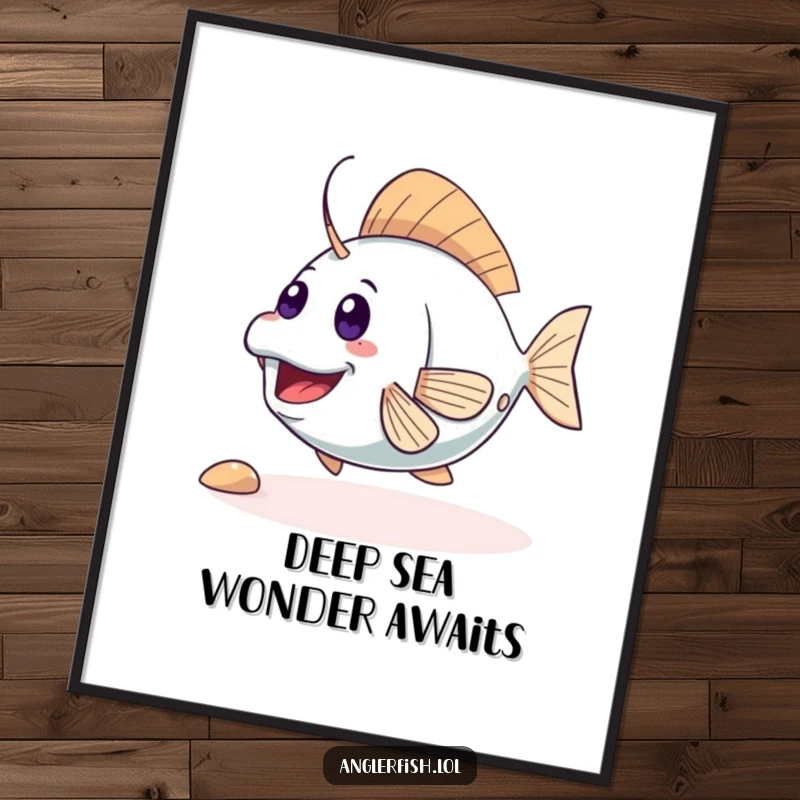 Funny cute anglerfish poster of an excited creature enthusiastically wiggling its tail, bringing playful energy to any wall. Whimsical and humorous art.