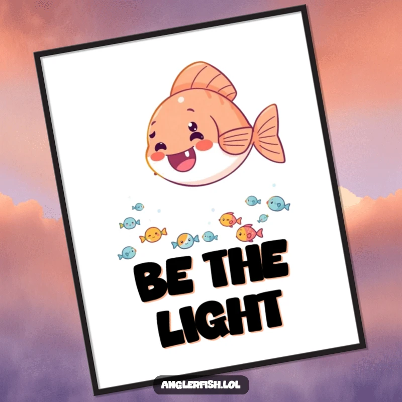 Funny poster of a delighted anglerfish casting its light onto a happy audience of tiny fish, creating a cheerful wall display.
